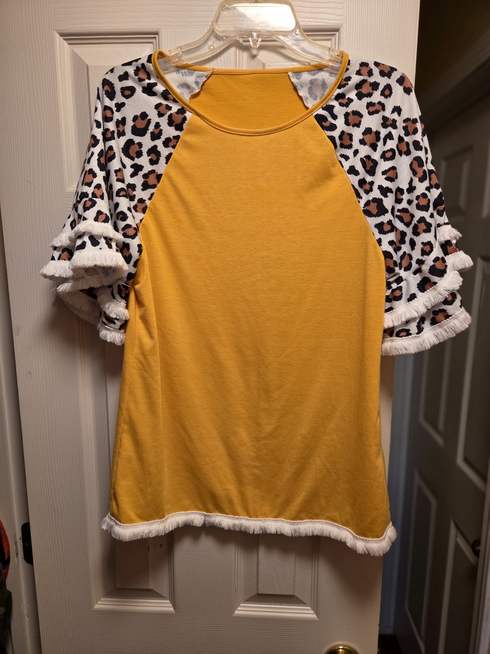 3 For $10, Mustard Yellow Raglan Top with Leopard Print Ruffled Sleeves